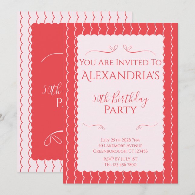 Invitación 50th Birthday Party Pink Red Wavy Lines (Anverso / Reverso)