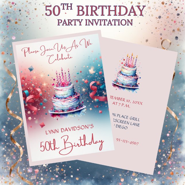 Invitación 50th Birthday Party Pink Watercolor (50th Birthday Party Invitation Pink Watercolors)