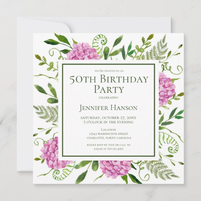 Invitación 50th Birthday Pink Hydrangeas Card Request  (Anverso)