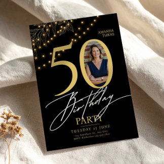 Invitación 50th Birthday with Photo Elegant Black & Gold
