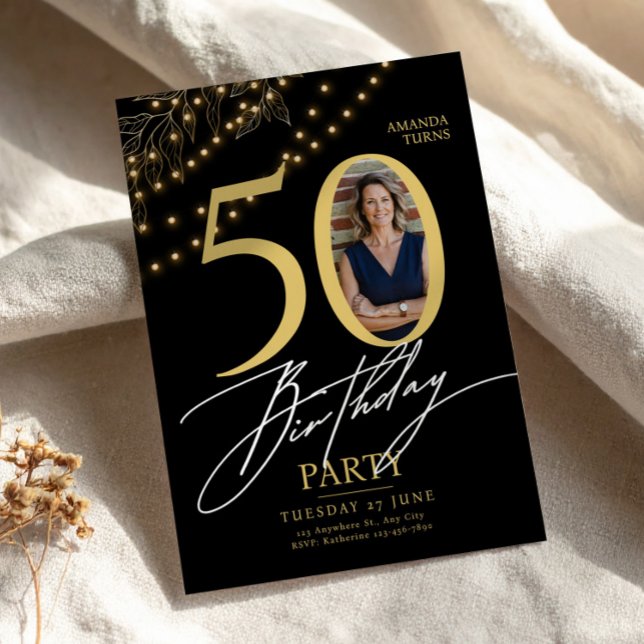 Invitación 50th Birthday with Photo Elegant Black & Gold (50th Birthday with Photo Elegant Black & Gold, 50th Birthday Women, Photo Birthday Card)