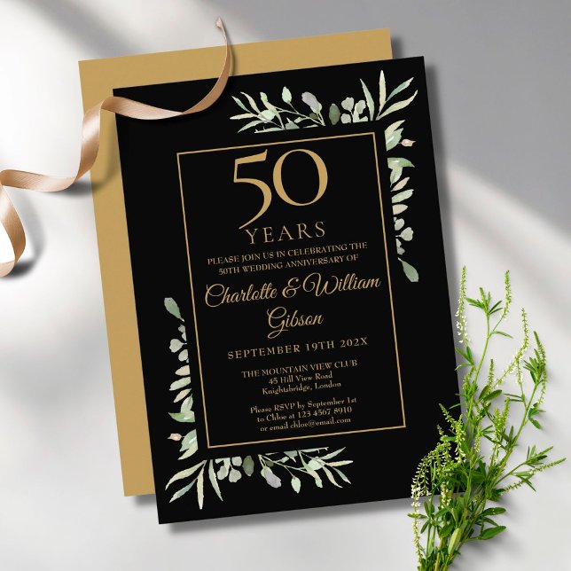 Invitación 50th Gold Anniversary Greenery Leaves Watercolour (50th Gold Anniversary Greenery Leaves Watercolour Invitation)