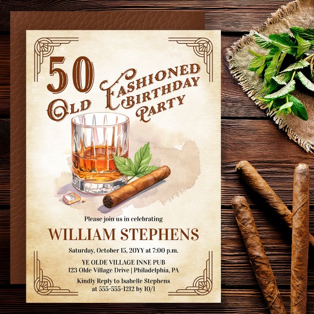 Invitación 50th Old Fashioned Whiskey Cigar Birthday Party (Old Fashioned whiskey 50th birthday invitation with vintage masculine style)