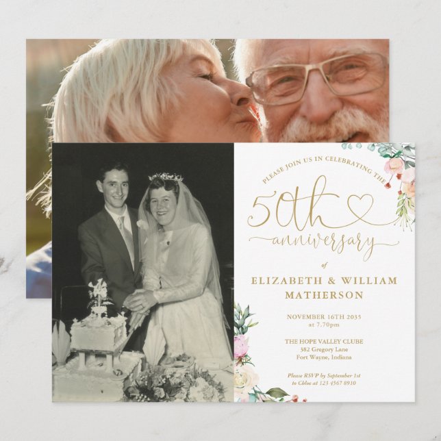 Invitación 50th Wedding Anniversary Gold Heart Floral 2 Photo (Anverso / Reverso)