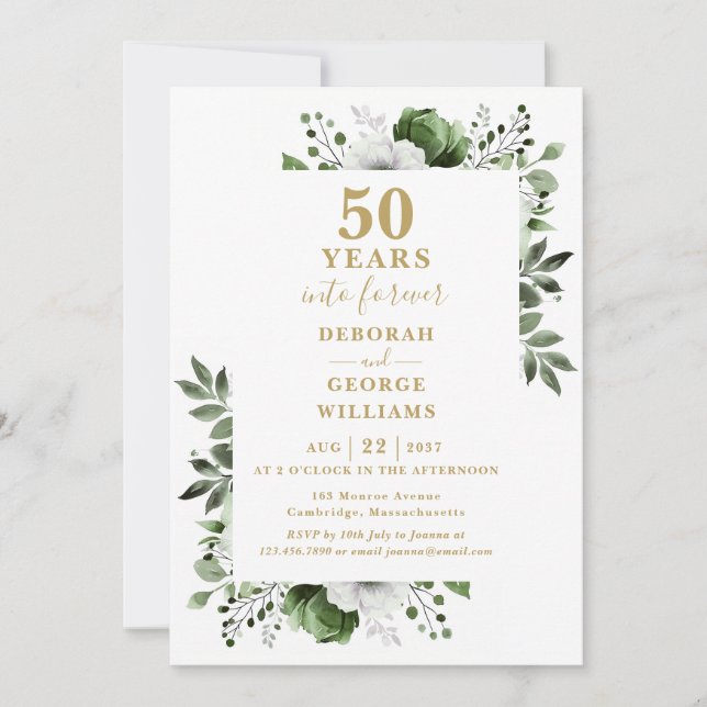 Invitación 50th Wedding Anniversary Greenery Floral Monogram (Anverso)
