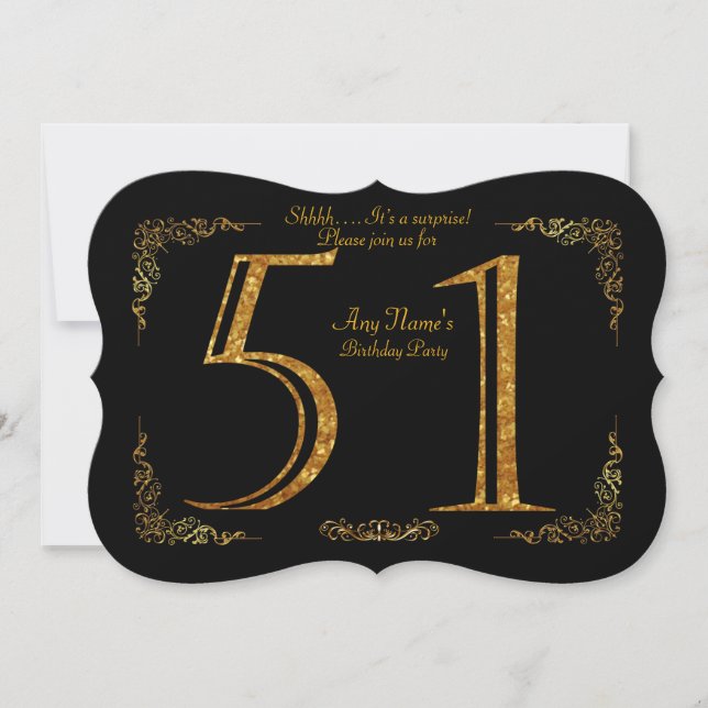 Invitación 51.ª fiesta de cumpleaños 51.ª, gran Gatsby, negro (Anverso)