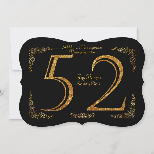 Invitación 52.º cumpleaños 52.º, gran Gatsby, negro y oro (Anverso)