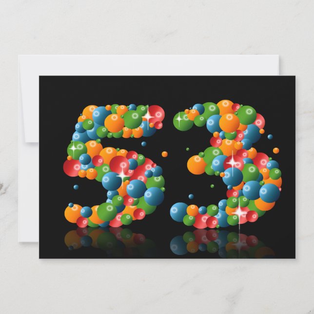 Invitación 53.ª fiesta de cumpleaños, con burbujas y bolas (Anverso)