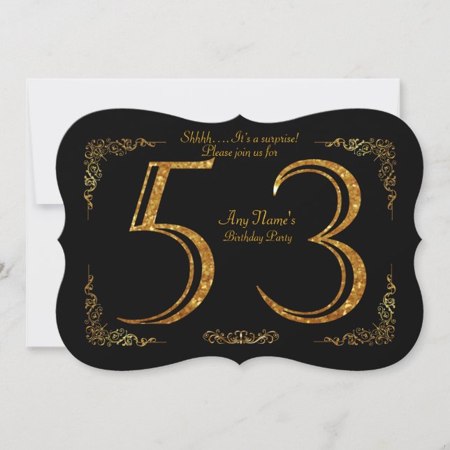 Invitación 53,Fiesta de cumpleaños 53,gran Gatsby,negro y oro (Anverso)