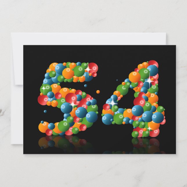 Invitación 54.ª fiesta de cumpleaños, con burbujas y bolas (Anverso)