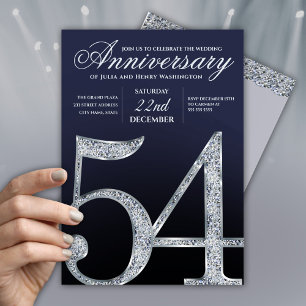 Invitación 54 Aniversario Diamante Plateado Azul Marina Moder