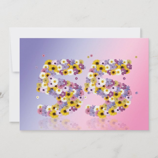 Invitación 55ª fiesta de cumpleaños, con letras con flores (Anverso)
