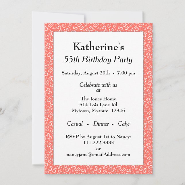 Invitación 55ª fiesta de cumpleaños, patrón de número de cora (Anverso)