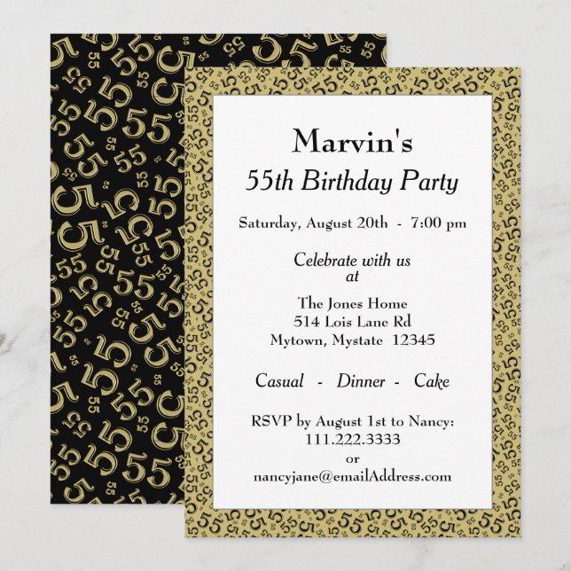 Invitación 55ª fiesta de cumpleaños, patrón de números negro/ (Anverso / Reverso)
