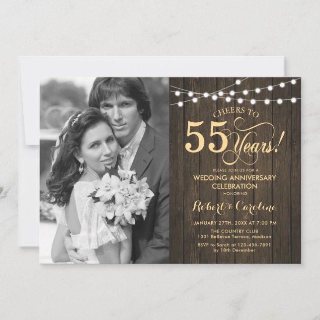 Invitación 55º Aniversario con Foto - Madera Rústica Dorada (Anverso)