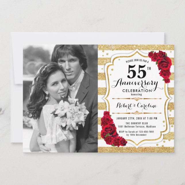 Invitación 55º Aniversario con Foto - Oro Blanco Rojo (Anverso)