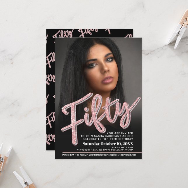 Invitación 550.º rosa  purpurina de guión gráfico de cumpleañ (Anverso/Reverso In Situ)