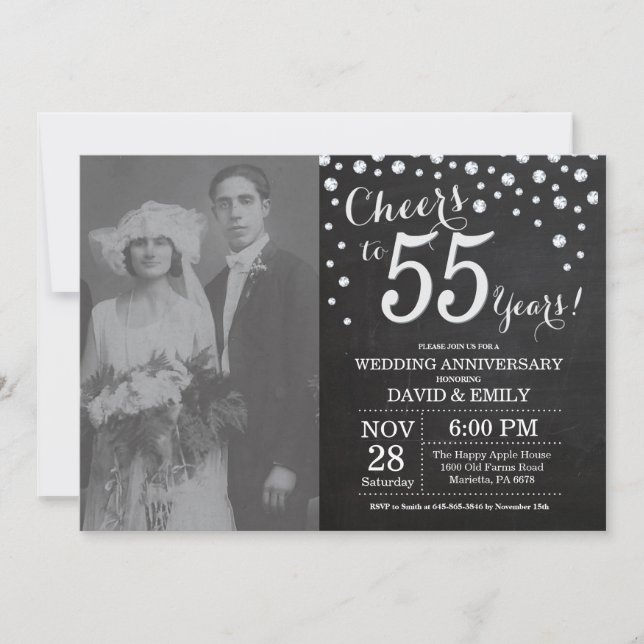 Invitación 55.º aniversario Boda Chalkboard Black Silver (Anverso)