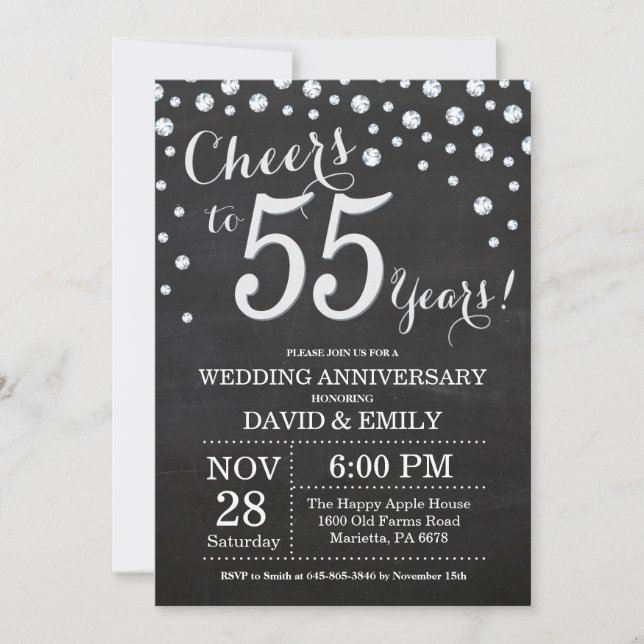 Invitación 55.º aniversario Boda Chalkboard Black Silver (Anverso)