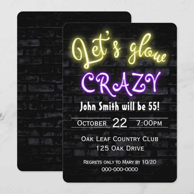 Invitación 55.º cumpleaños Neon Glow Rótulo en la pared de la (Anverso / Reverso)