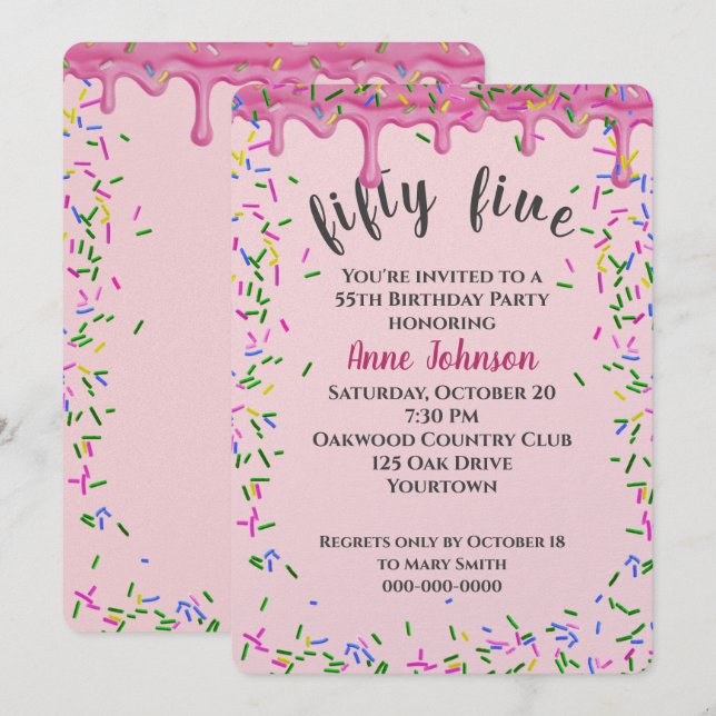 Invitación 55.º Nacimiento De Hielo Rosa Y Espolvorines (Anverso / Reverso)