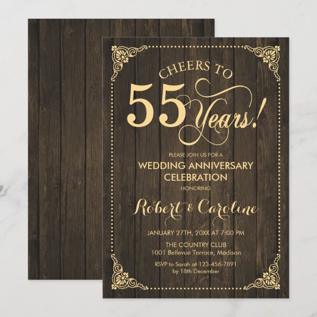 Invitación 55° Aniversario Boda - Madera de oro (Anverso / Reverso)