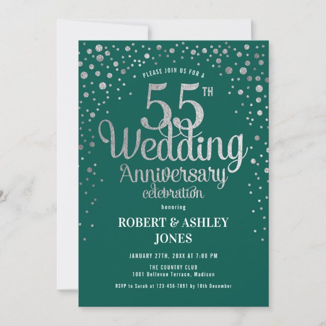 Invitación 55° aniversario Boda - Verde y Plata (Anverso)