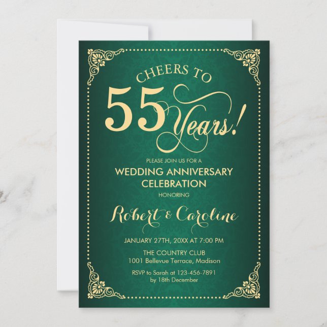 Invitación 55 Aniversario de Boda - Damasco Oro Verde (Anverso)