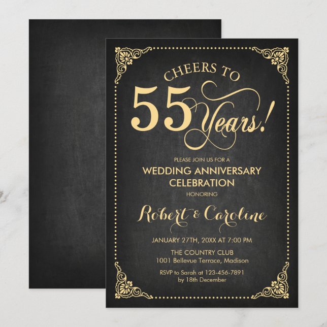 Invitación 55 Aniversario de Boda - Pizarra Dorada (Anverso / Reverso)