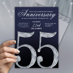 Invitación 55 Aniversario Diamante Plateado Azul Marino Moder