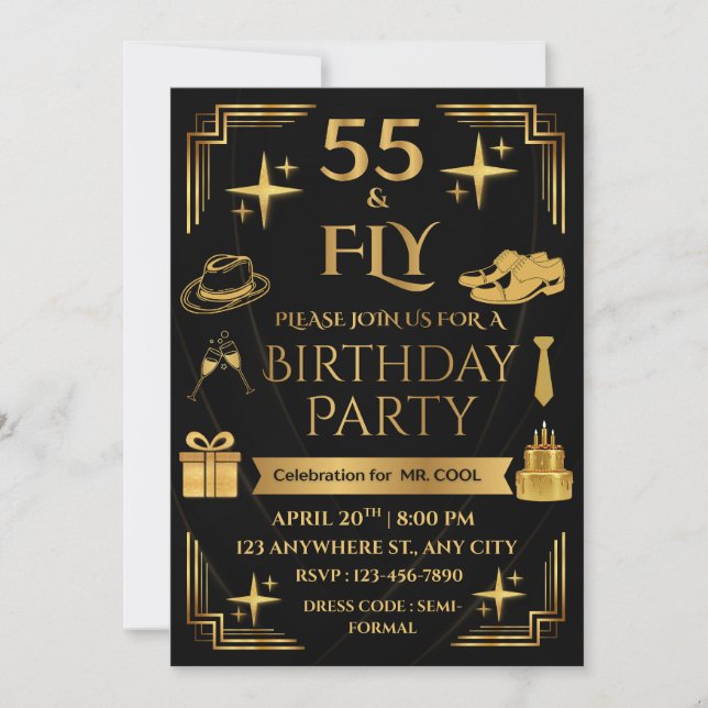 INVITACIÓN 55 & FLY 5X7 CORNERED STYLE MEN'S BIRTHDAY PARTY (Anverso)