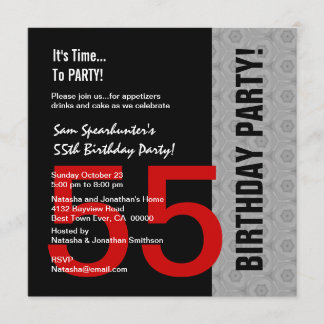 Invitación 55.o Cumpleaños o cualquier negro de plata rojo