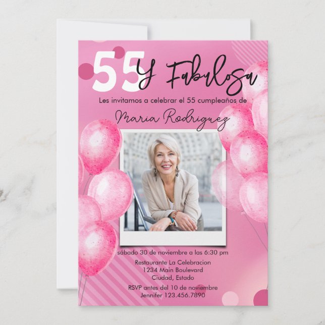 Invitación 55 y Fabulosa Foto Rosa Cumpleaños 55 (Anverso)