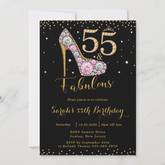 Invitación 55 y fabulosos diamantes de alto talón 55 cumpleañ (Anverso)