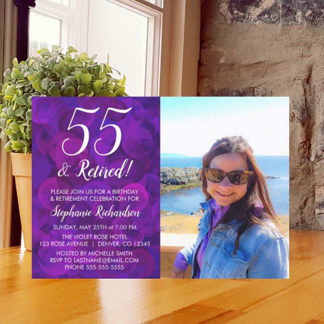 Invitación 55 y Retirado Elegante Cumpleaños Retiro Purple (Subido por el creador)