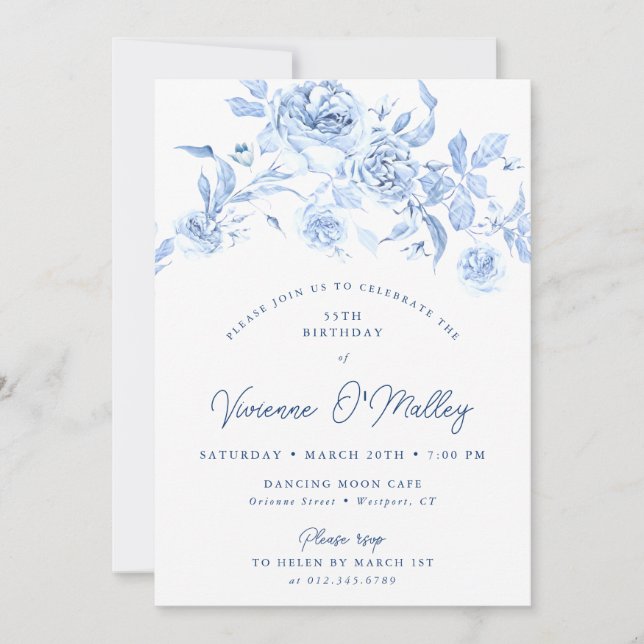 Invitación 55th Birthday Party Dusty Blue Floral (Anverso)