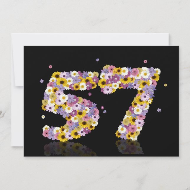 Invitación 57.ª fiesta de cumpleaños, con letras con flores (Anverso)