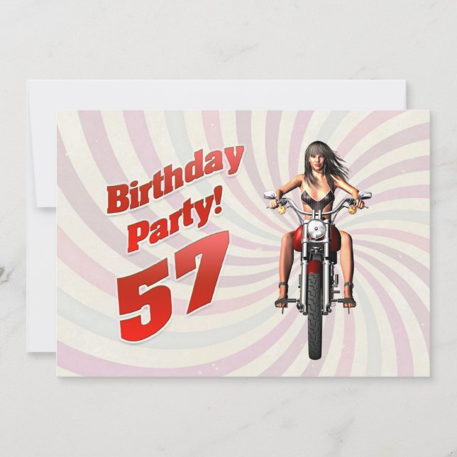 Invitación 57.ª fiesta de cumpleaños con un chica en moto (Anverso)