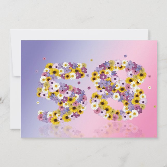 Invitación 58.ª fiesta de cumpleaños, con letras con flores (Anverso)