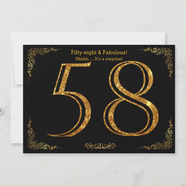 Invitación 58 cumpleaños, Gatsby styl, purpurina de oro negro (Anverso)