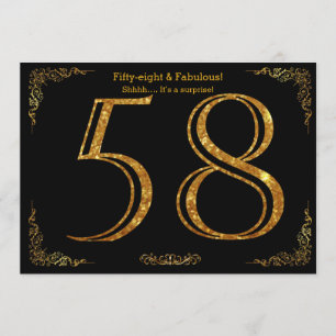 Invitación 58 cumpleaños, Gatsby styl, purpurina de oro negro