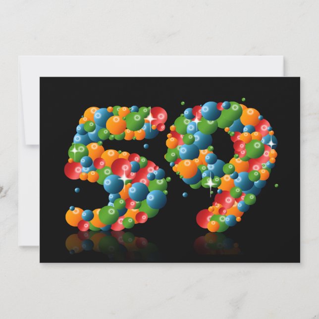 Invitación 59.ª fiesta de cumpleaños, con burbujas y bolas (Anverso)