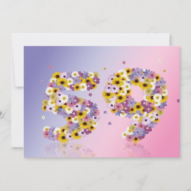 Invitación 59.ª fiesta de cumpleaños, con letras con flores (Anverso)