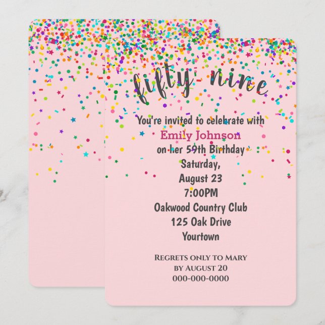 Invitación 59.º Confetti De Cumpleaños En Rosa (Anverso / Reverso)