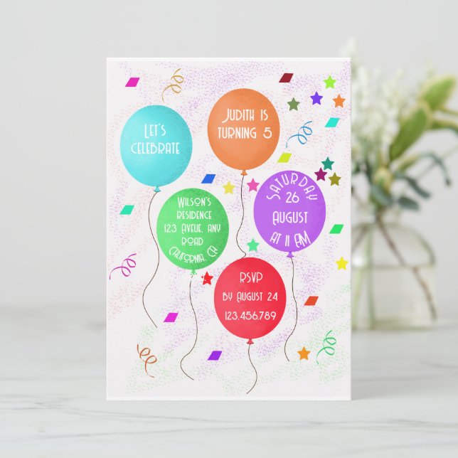 Invitación 5.ª cuenta de globos coloridos (Anverso de pie)