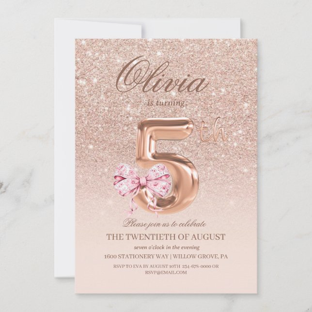 Invitación 5.ª fiesta de cumpleaños de Rosa de oro rosado (Anverso)