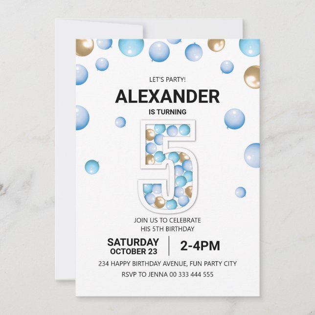 Invitación 5.ª fiesta de cumpleaños, globo azul y oro (Anverso)