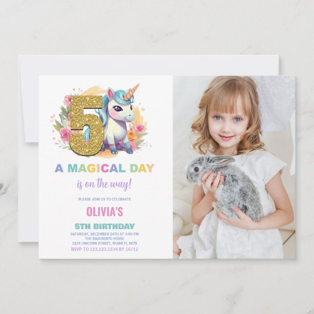 Invitación 5.ª foto de unicornio de cumpleaños (Anverso)