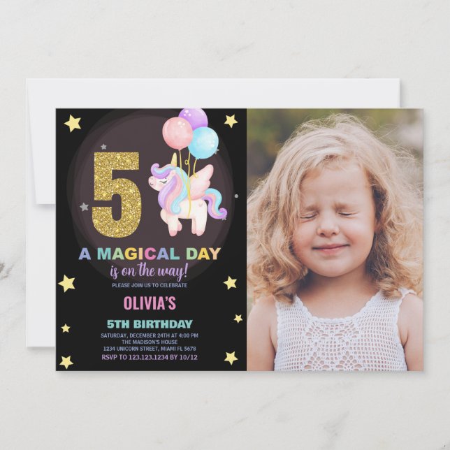Invitación 5.ª foto de unicornio de cumpleaños (Anverso)