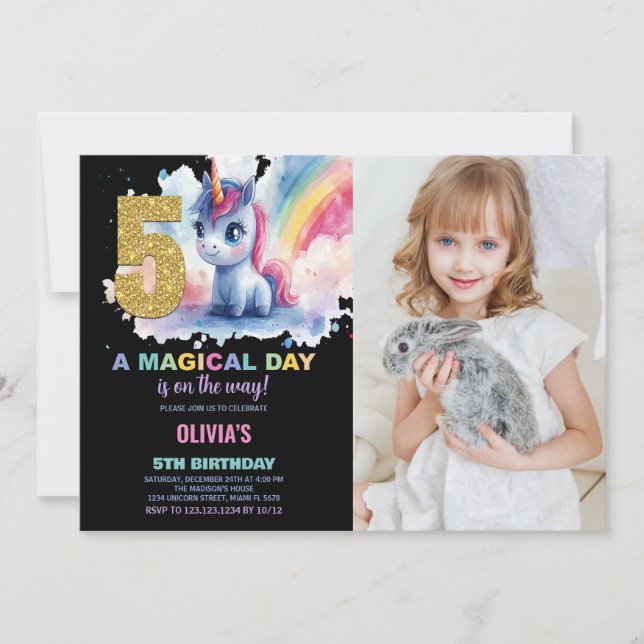 Invitación 5.ª foto de unicornio de cumpleaños (Anverso)